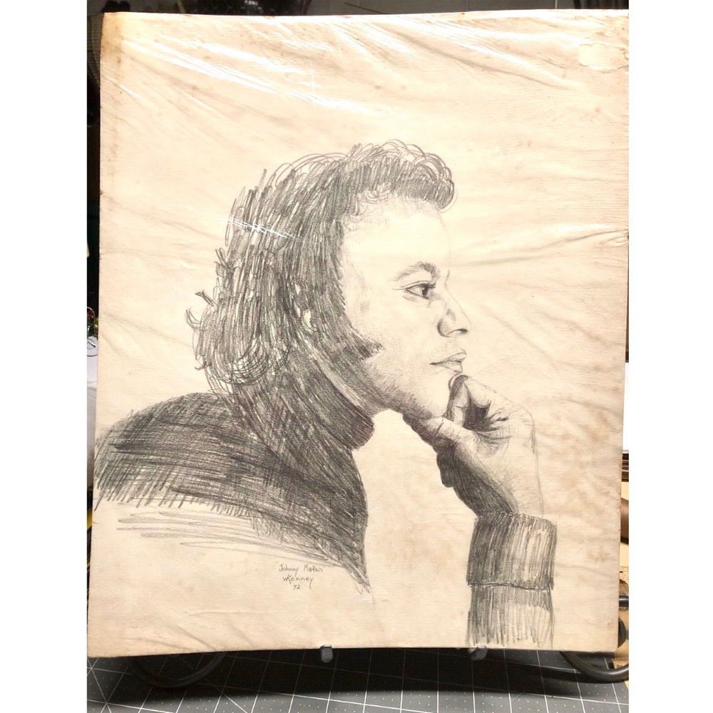 VTG 1972 Art Class Pencil Drawing Portrait~Johnny Mathis~Signed W.Kenney 17"x14"